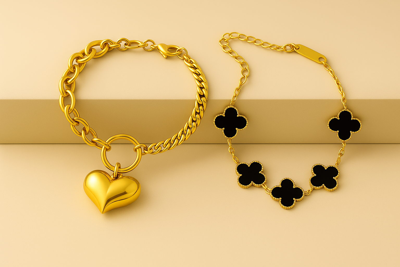 Anti Tarnish Bracelet Combo for Women – Heart Charm Chain & Black Clover Floral Bracelet | Elegant Adjustable Fashion Jewellery | Gift Set for Girls & Women