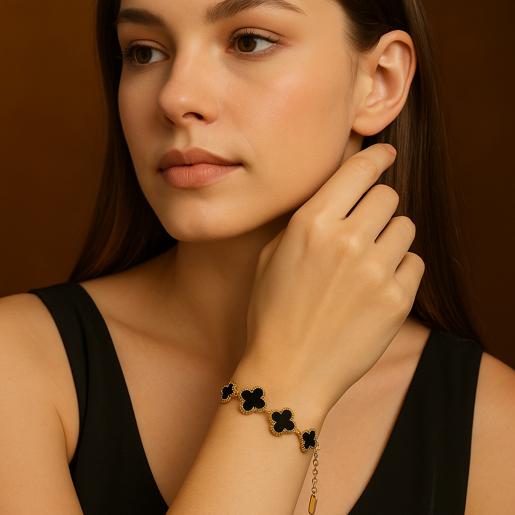 Anti Tarnish Bracelet Combo for Women – Heart Charm Chain & Black Clover Floral Bracelet | Elegant Adjustable Fashion Jewellery | Gift Set for Girls & Women