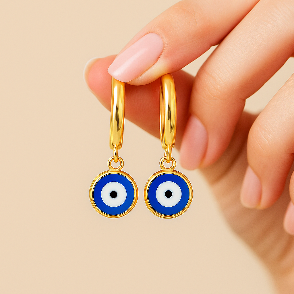 Evil Eye Drop Earrings, Gold Hoop Earrings with Blue Evil Eye Charm – Anti Tarnish, Hypoallergenic Dangle Earrings for Women, Protective Jewelry Gift