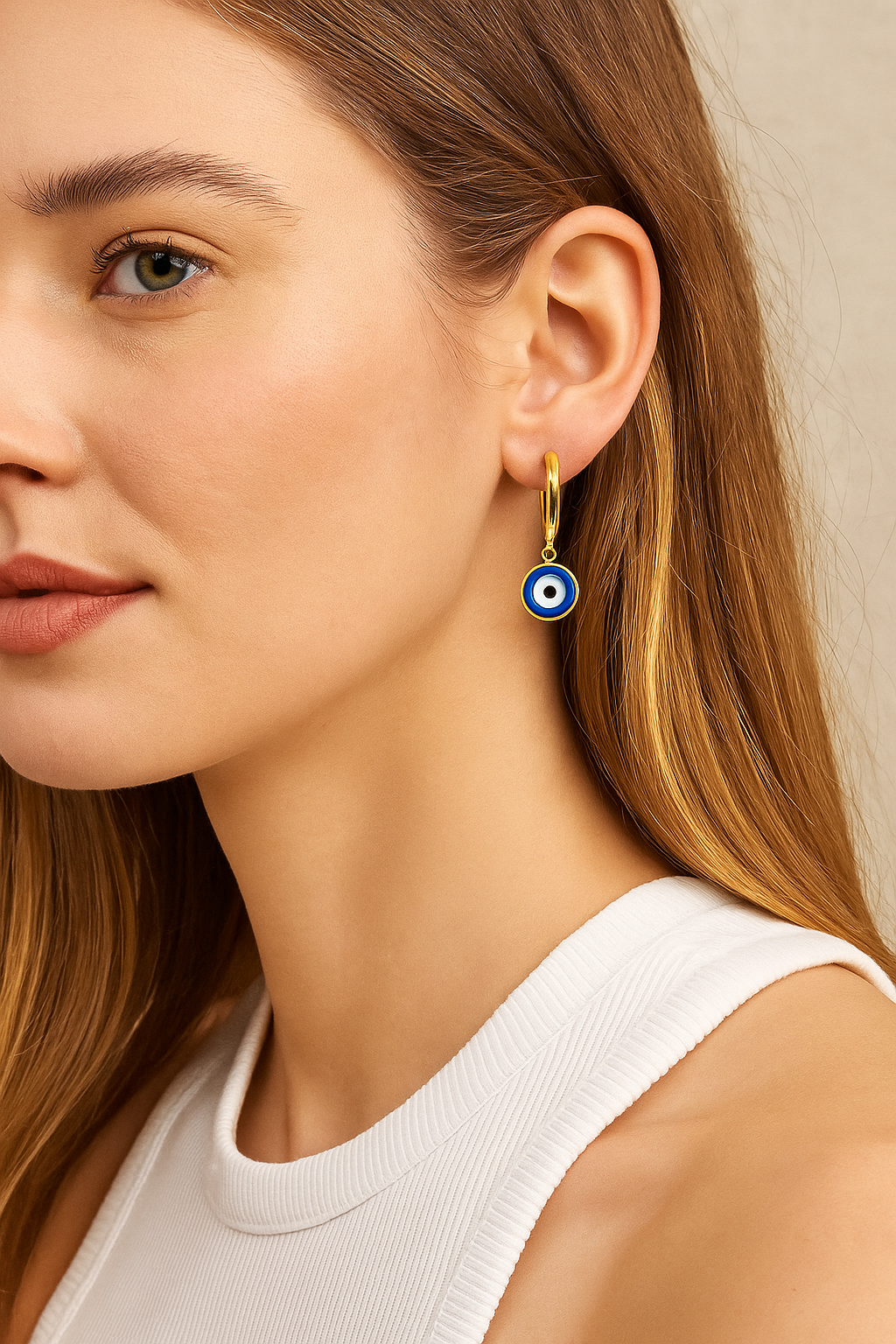 Evil Eye Drop Earrings, Gold Hoop Earrings with Blue Evil Eye Charm – Anti Tarnish, Hypoallergenic Dangle Earrings for Women, Protective Jewelry Gift