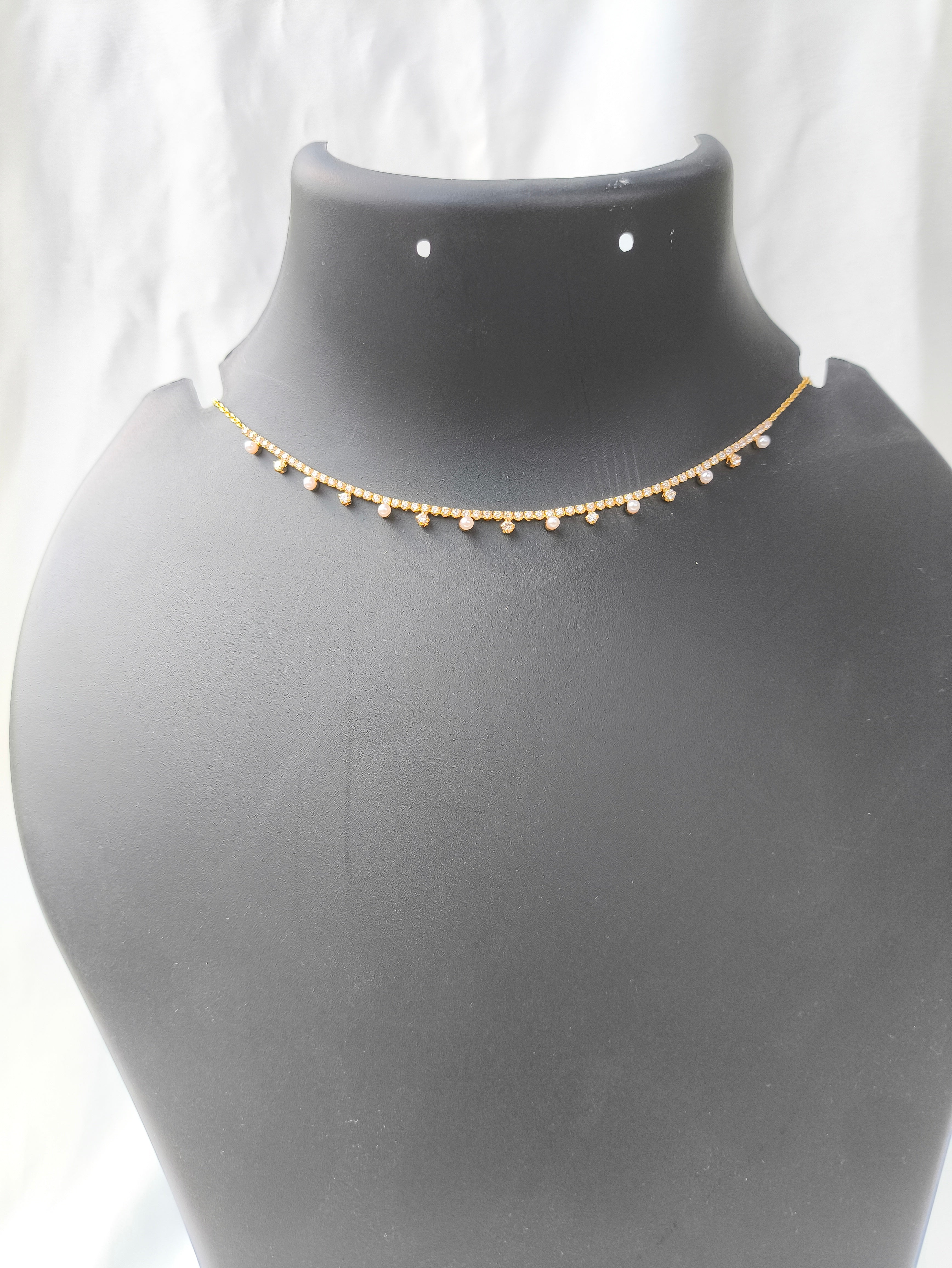 Elegant Pearl Drop Necklace, Gold toned anti tarnish Chain with Crystal Accents, Dainty Solitaire