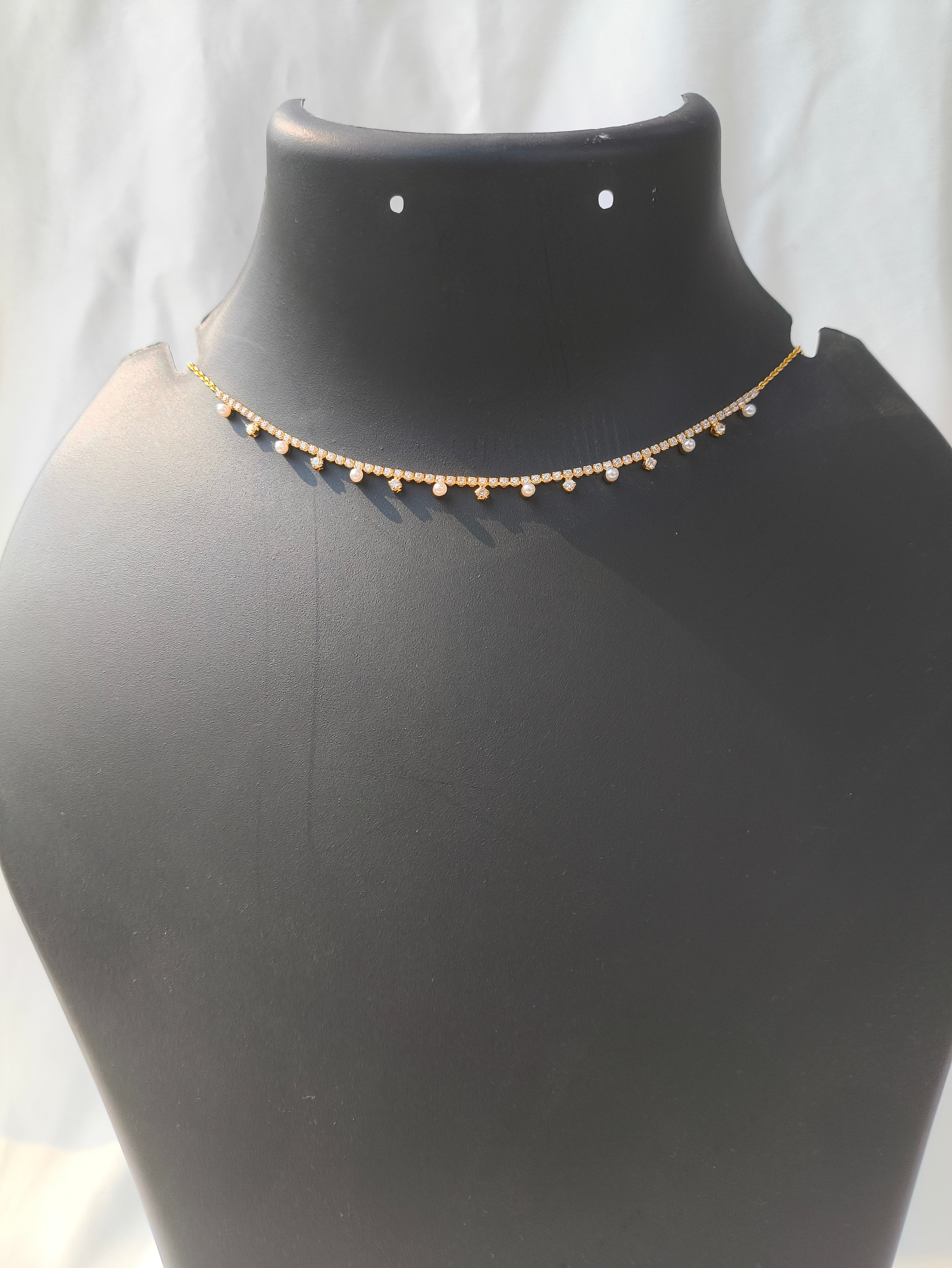 Elegant Pearl Drop Necklace, Gold toned anti tarnish Chain with Crystal Accents, Dainty Solitaire
