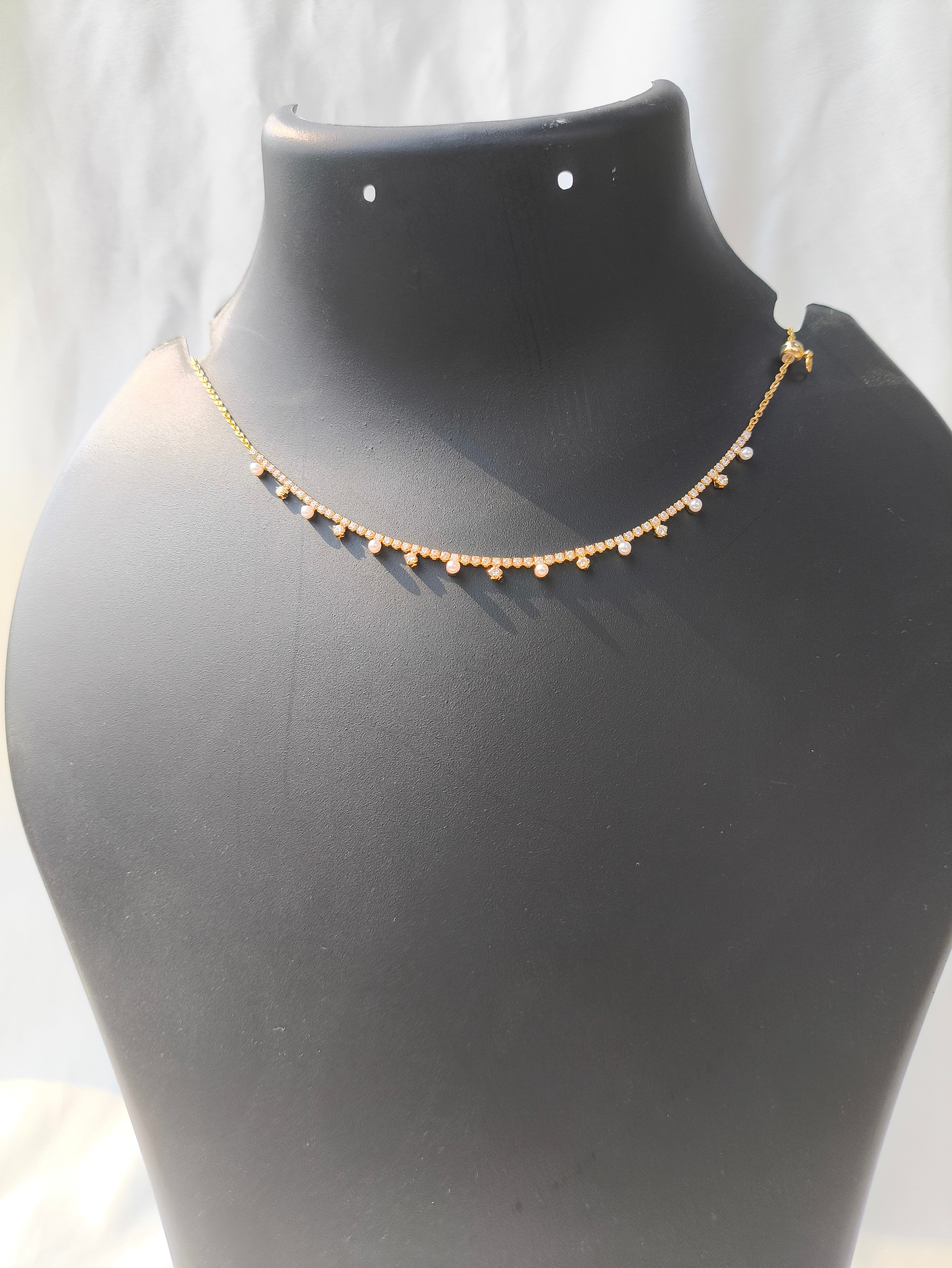 Elegant Pearl Drop Necklace, Gold toned anti tarnish Chain with Crystal Accents, Dainty Solitaire