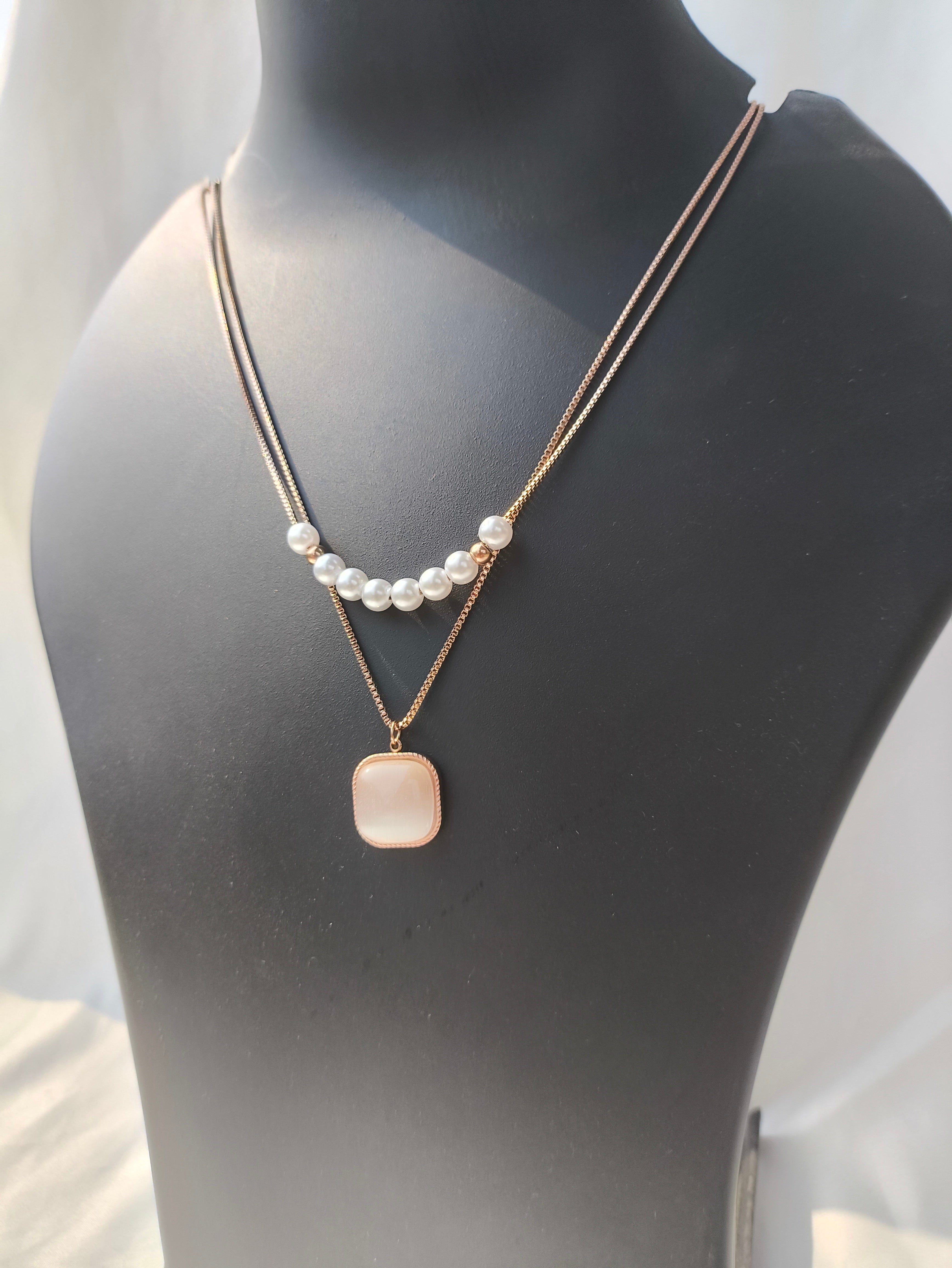 Dual-Layer Pearl & Blush Pendant Necklace for Women | Elegant Rose Gold Chain Anti Tarnish Necklace