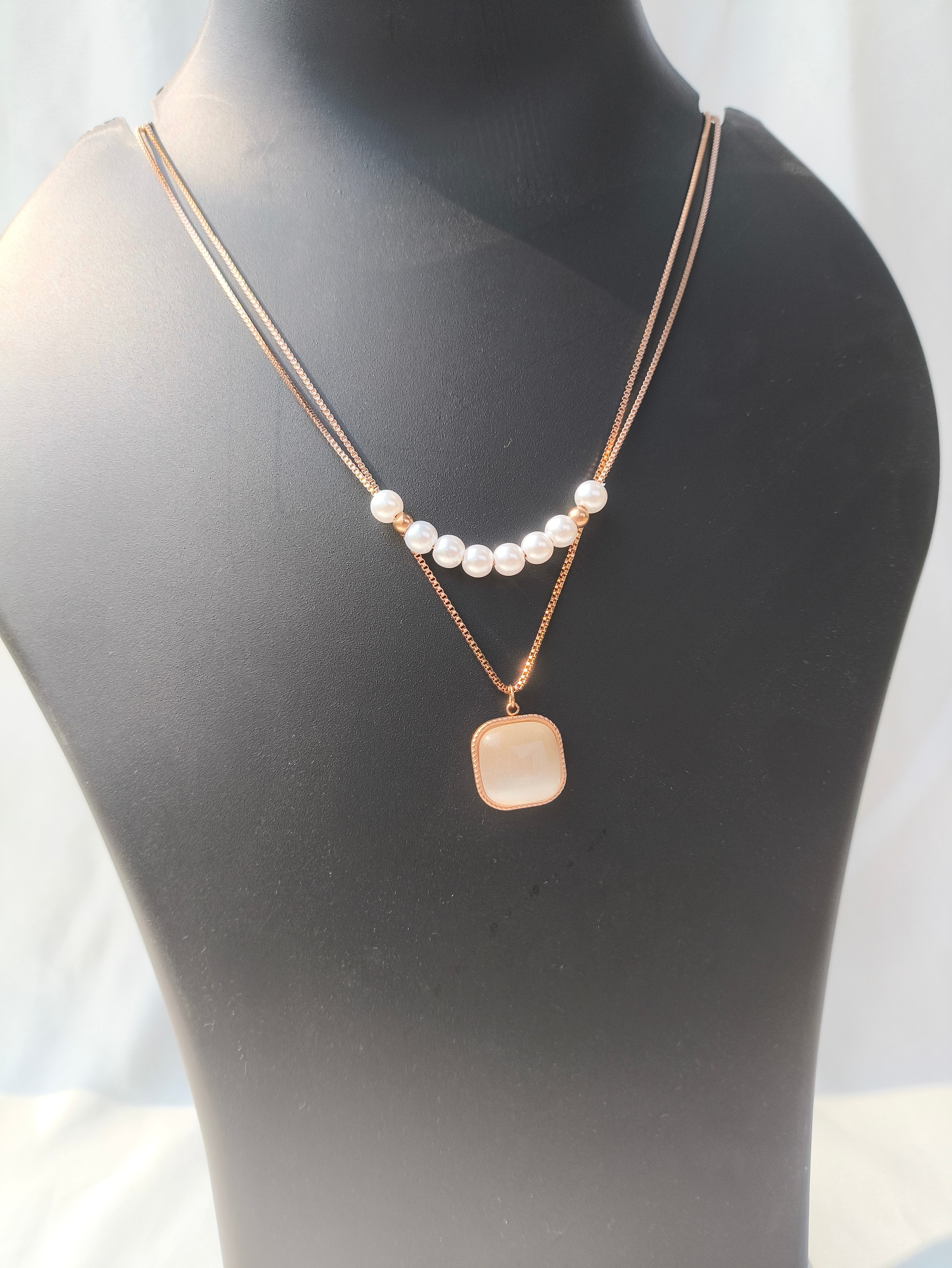 Dual-Layer Pearl & Blush Pendant Necklace for Women | Elegant Rose Gold Chain Anti Tarnish Necklace