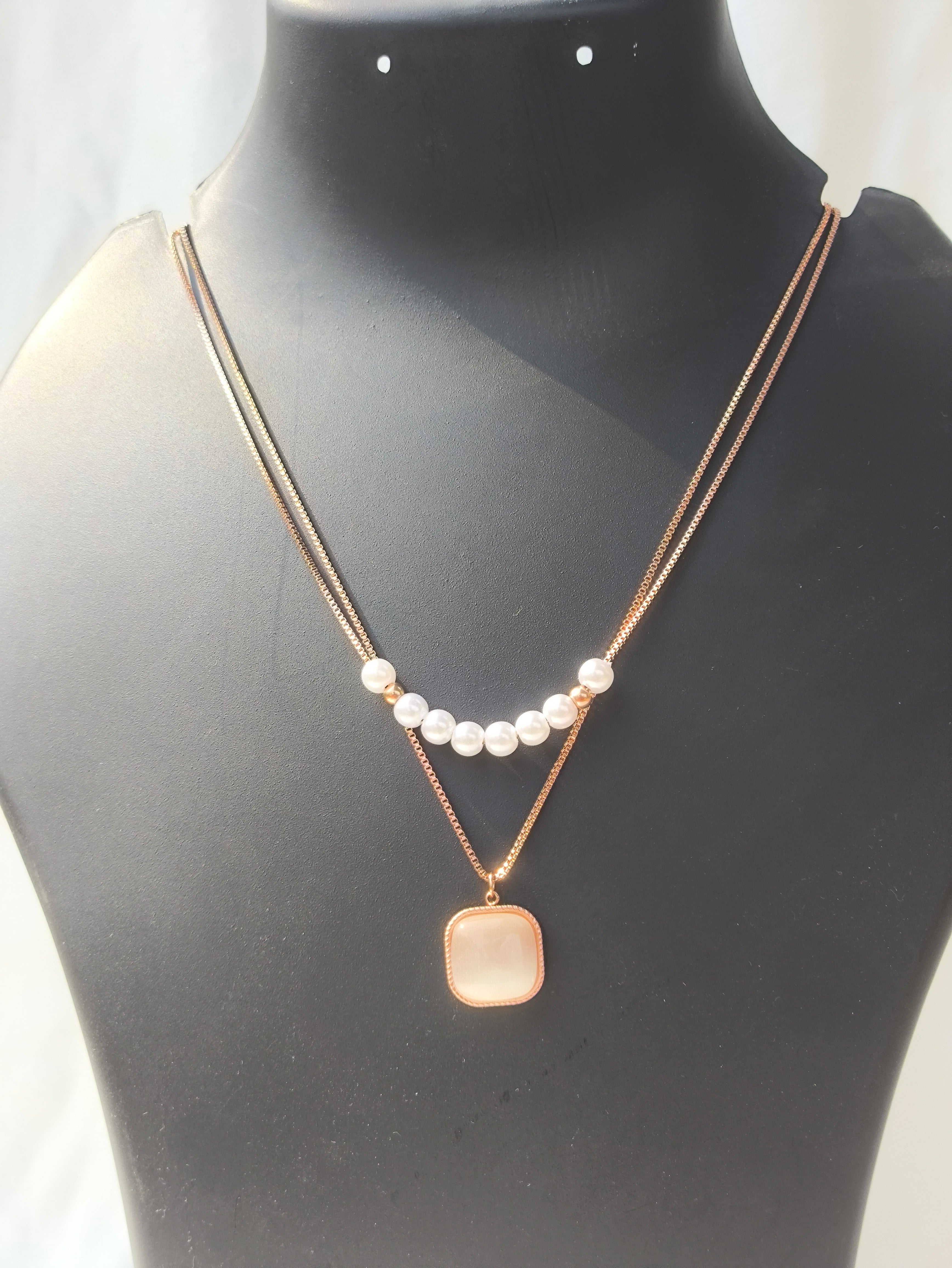 Dual-Layer Pearl & Blush Pendant Necklace for Women | Elegant Rose Gold Chain Anti Tarnish Necklace