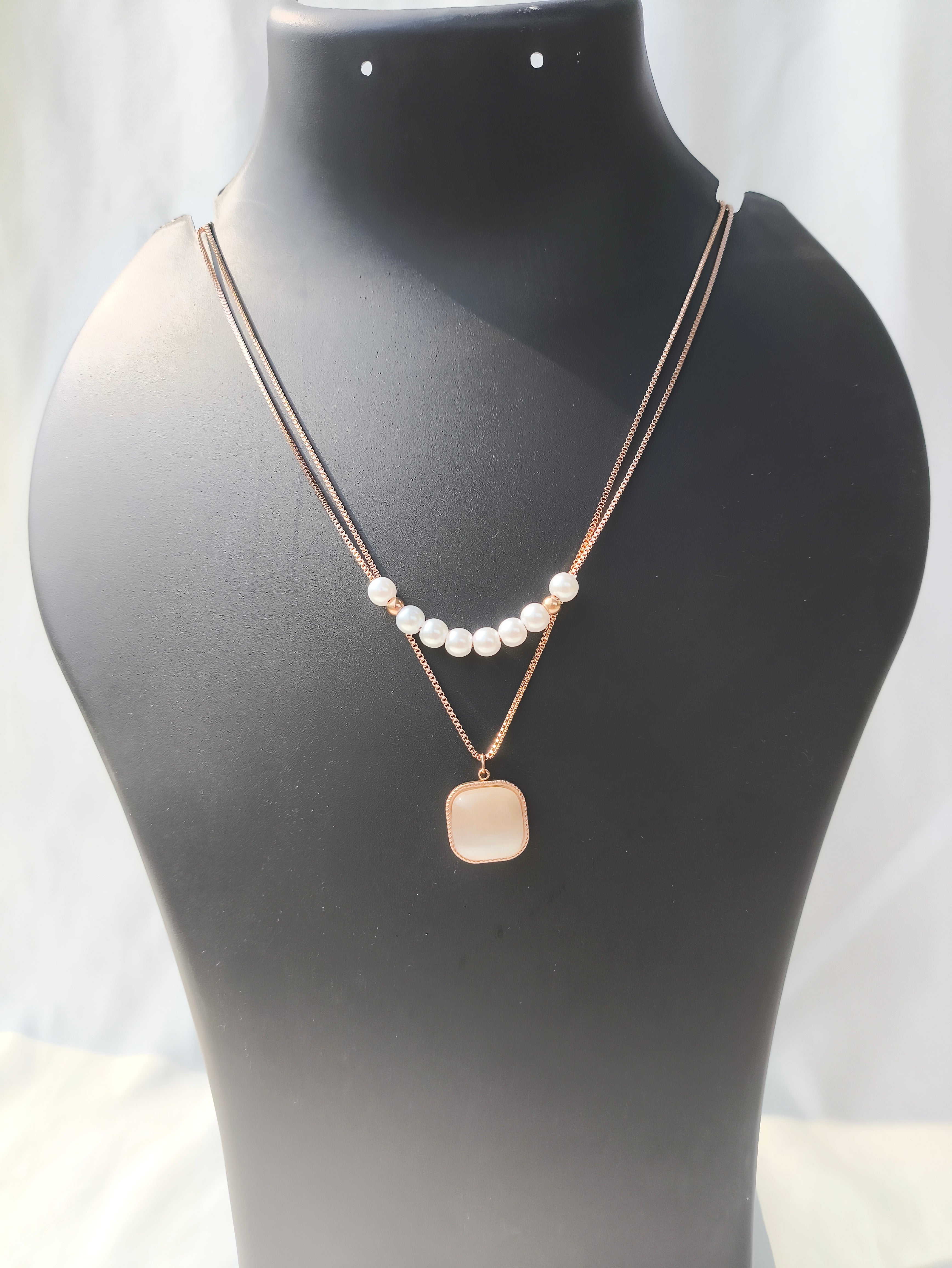 Dual-Layer Pearl & Blush Pendant Necklace for Women | Elegant Rose Gold Chain Anti Tarnish Necklace
