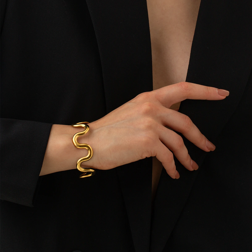18K Gold Plated, Gilded Wave Bangle Bracelet