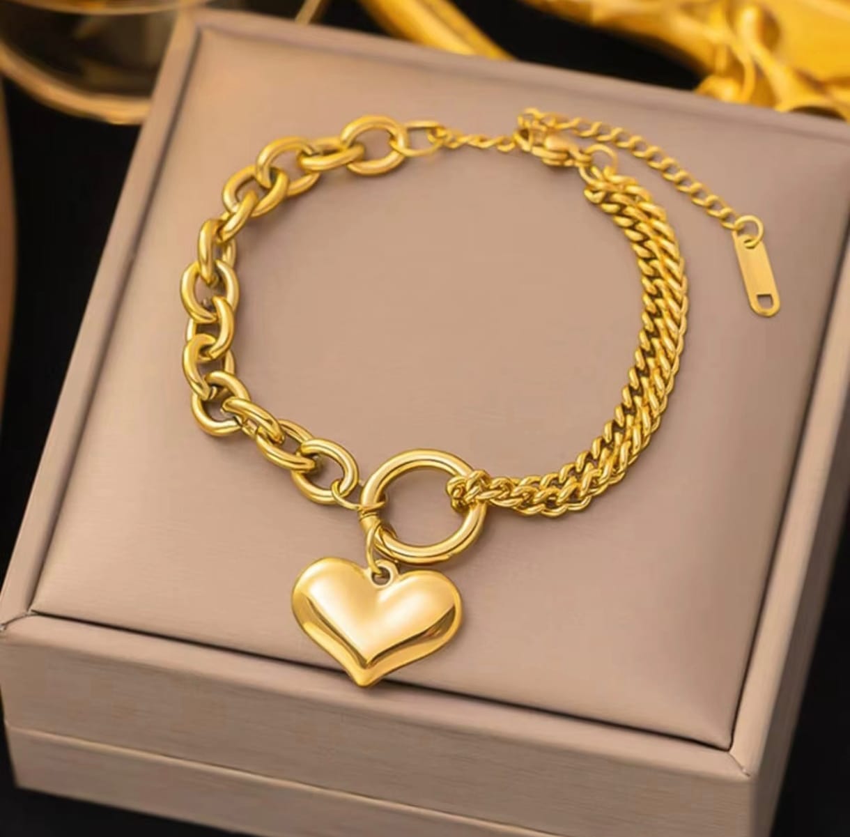 Gold Anti Tarnish, Chain Link Bracelet with Heart Charm, Mixed Chain Design, Adjustable Length