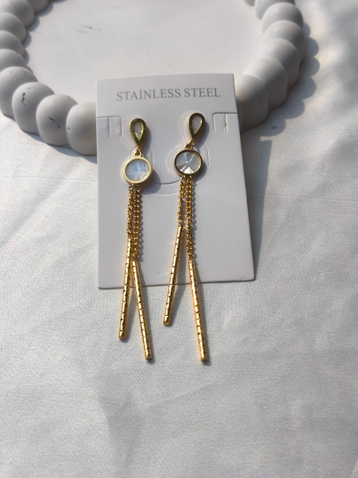 Elegant Gold toned Anti-Tarnish Pearl Dangle Earrings for Women & Girls | Long Drop Design with Pearl Accent | Lightweight Statement Jewelry for Party, Casual & Office Wear