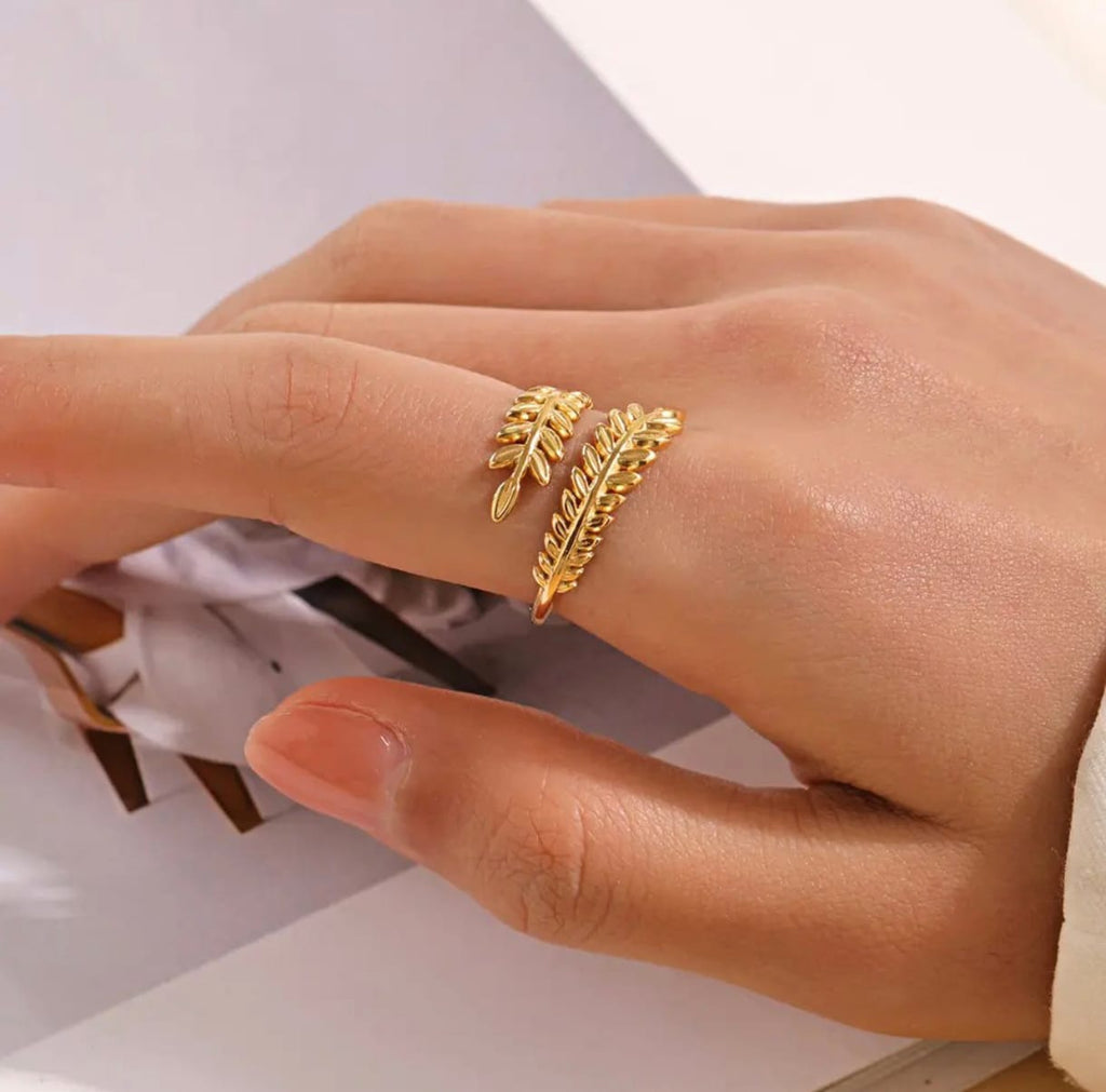 Adjustable Anti Tarnish Ring, Gold Leaf Design Ring, Open Band Style, Fashion Statement Ring for Women
