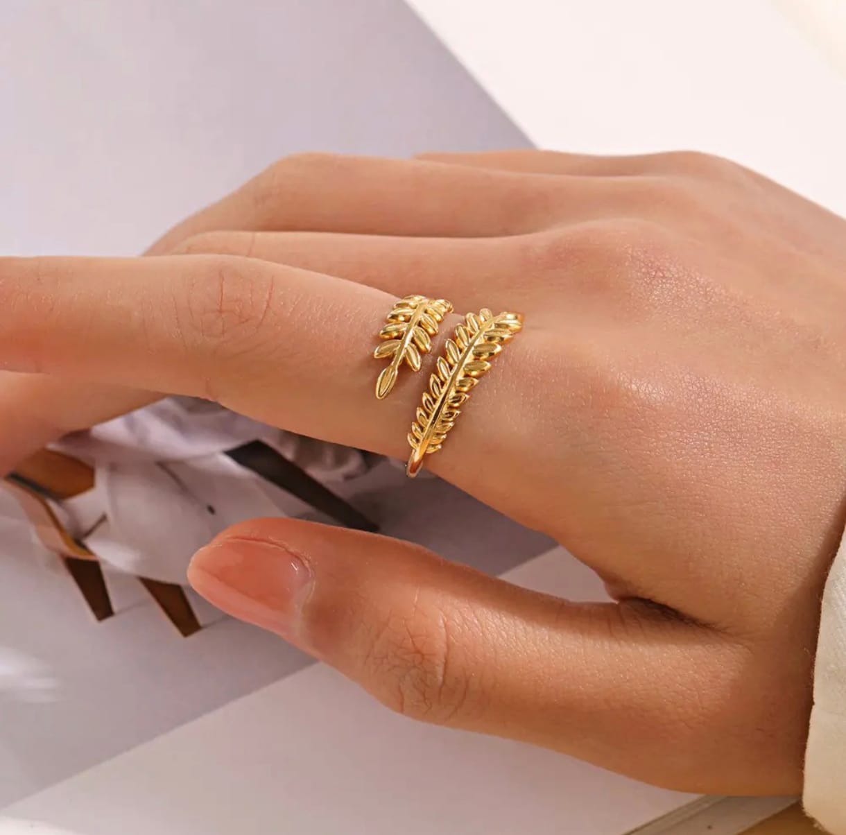 Adjustable Anti Tarnish Ring, Gold Leaf Design Ring, Open Band Style, Fashion Statement Ring for Women