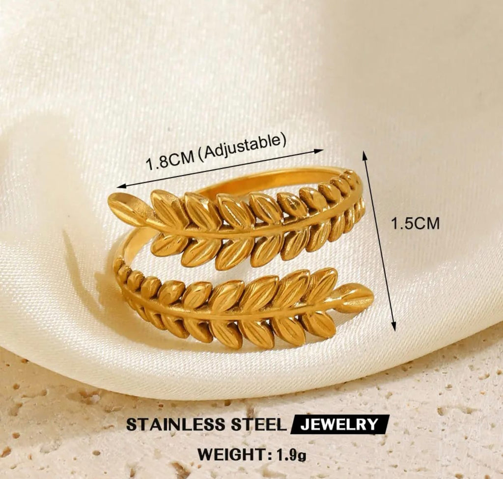 Adjustable Anti Tarnish Ring, Gold Leaf Design Ring, Open Band Style, Fashion Statement Ring for Women