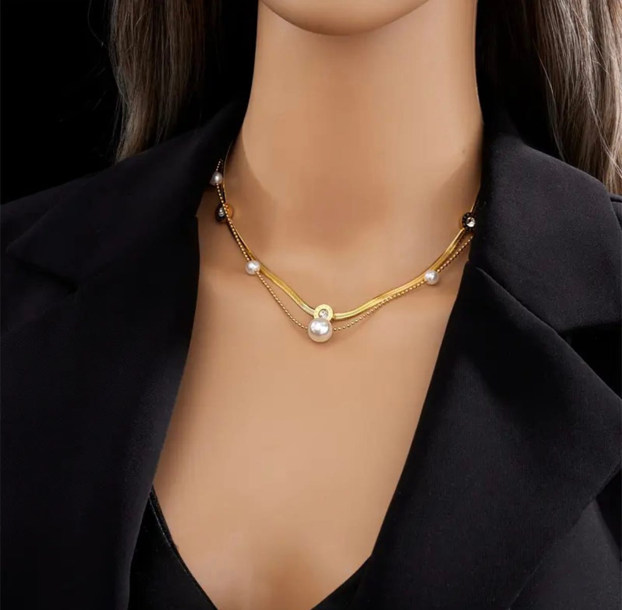 Elegant Double Layer Pearl Necklace, Gold Plated Anti Tarnish snake Chain with Crystal Accents, Fashion Jewellery for Women & Girls