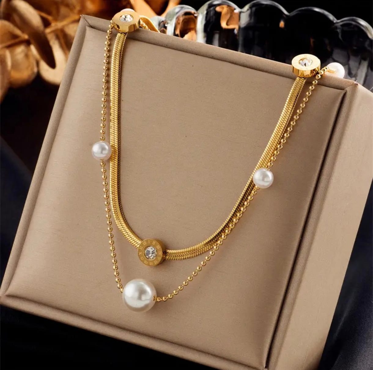 Elegant Double Layer Pearl Necklace, Gold Plated Anti Tarnish snake Chain with Crystal Accents, Fashion Jewellery for Women & Girls