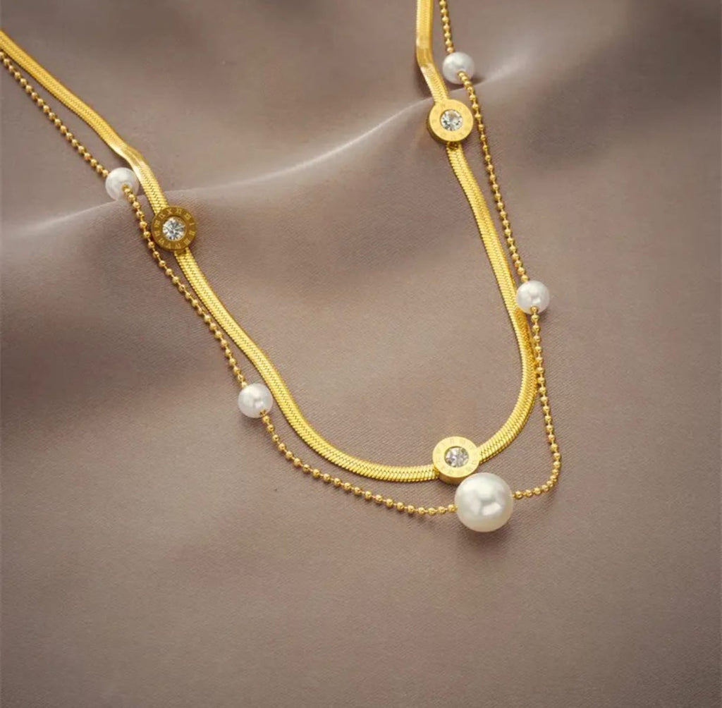 Elegant Double Layer Pearl Necklace, Gold Plated Anti Tarnish snake Chain with Crystal Accents, Fashion Jewellery for Women & Girls
