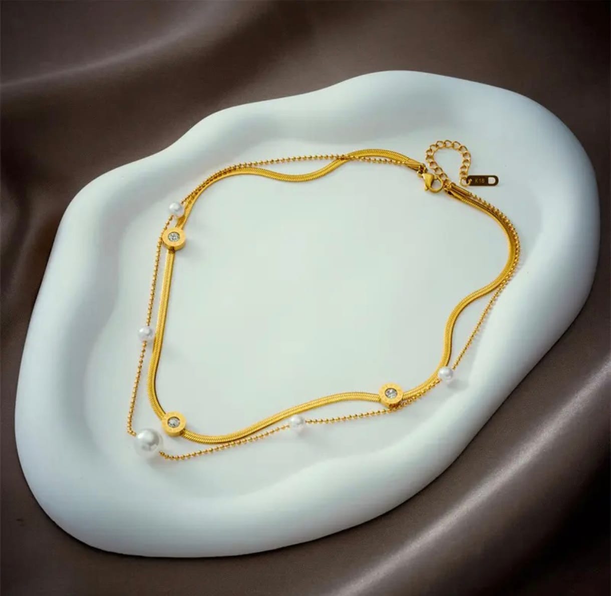 Elegant Double Layer Pearl Necklace, Gold Plated Anti Tarnish snake Chain with Crystal Accents, Fashion Jewellery for Women & Girls