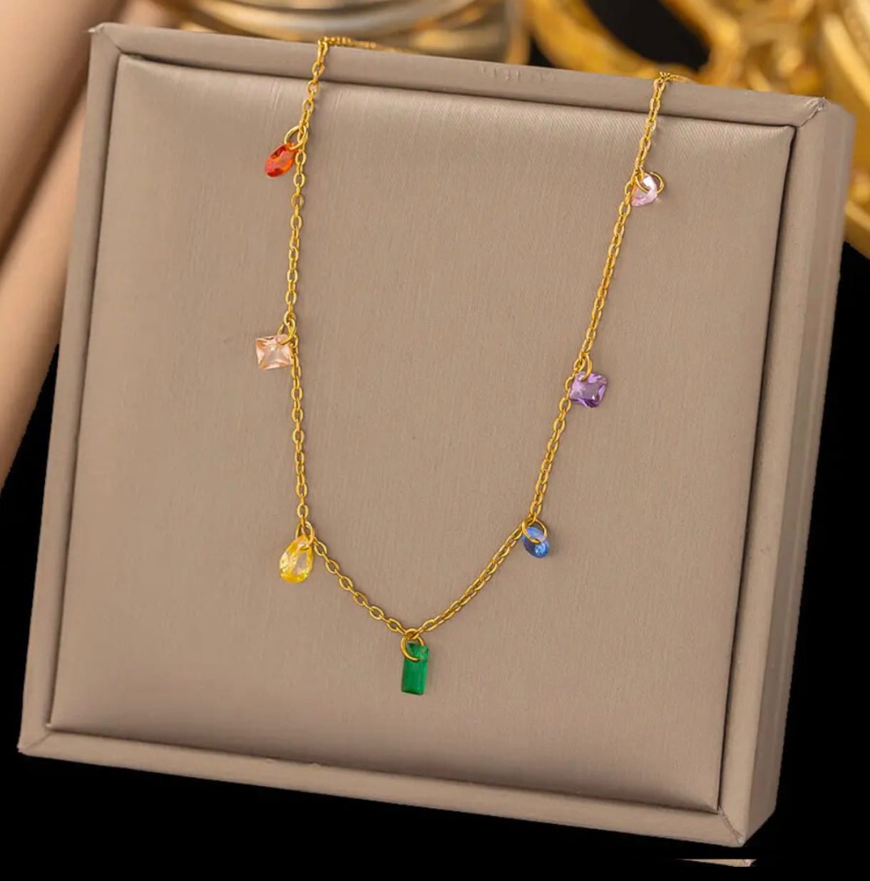 Dainty Gold Anti Tarnish Chain Necklace with Multicoloured Crystal Charms, Rainbow Gemstone Drops, necklace for Girls & Women