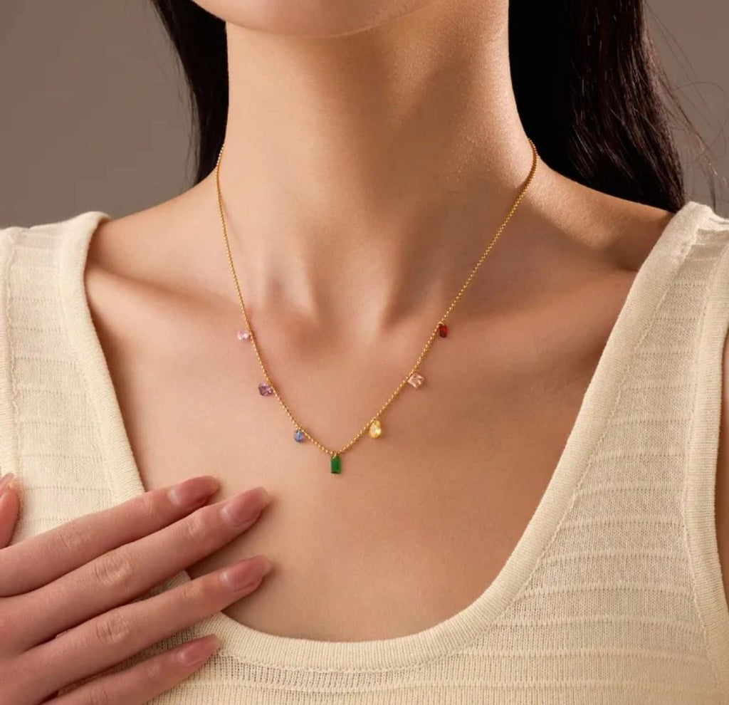 Dainty Gold Anti Tarnish Chain Necklace with Multicoloured Crystal Charms, Rainbow Gemstone Drops, necklace for Girls & Women