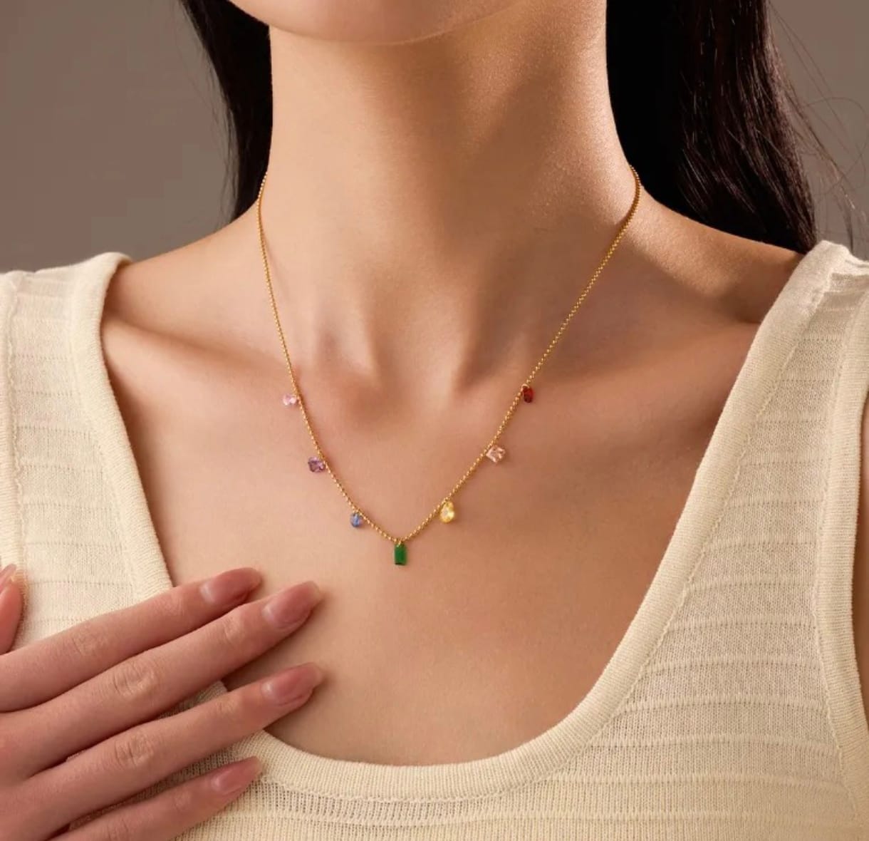Dainty Gold Anti Tarnish Chain Necklace with Multicoloured Crystal Charms, Rainbow Gemstone Drops, necklace for Girls & Women