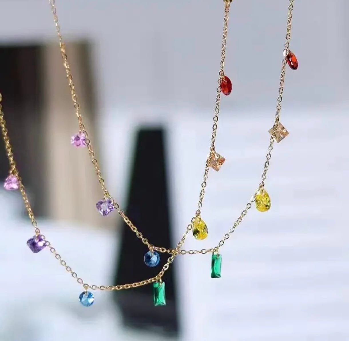 Dainty Gold Anti Tarnish Chain Necklace with Multicoloured Crystal Charms, Rainbow Gemstone Drops, necklace for Girls & Women