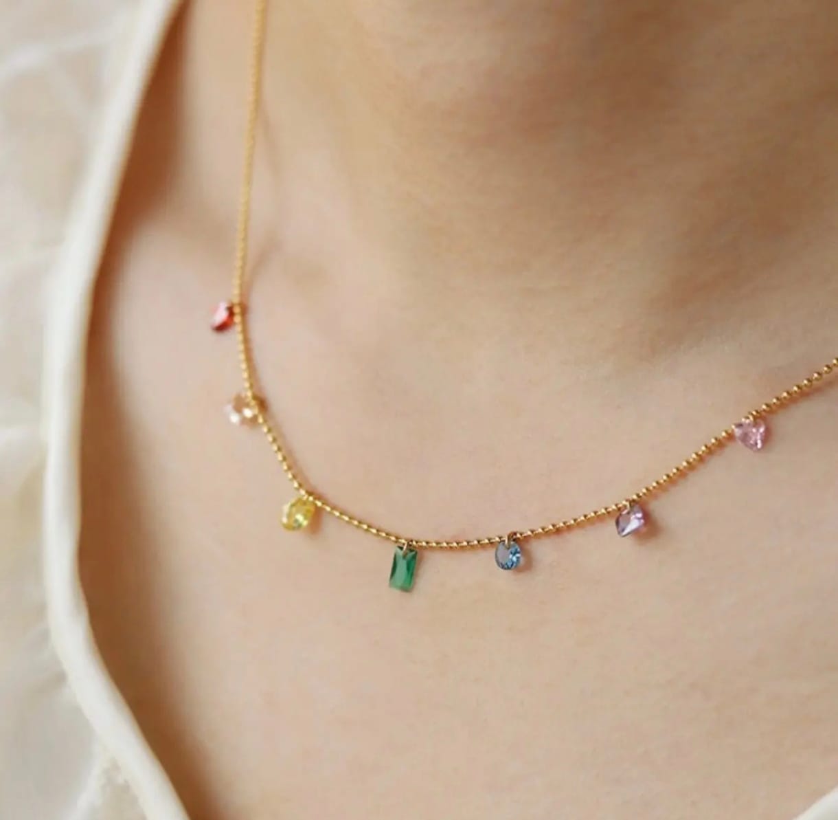 Dainty Gold Anti Tarnish Chain Necklace with Multicoloured Crystal Charms, Rainbow Gemstone Drops, necklace for Girls & Women