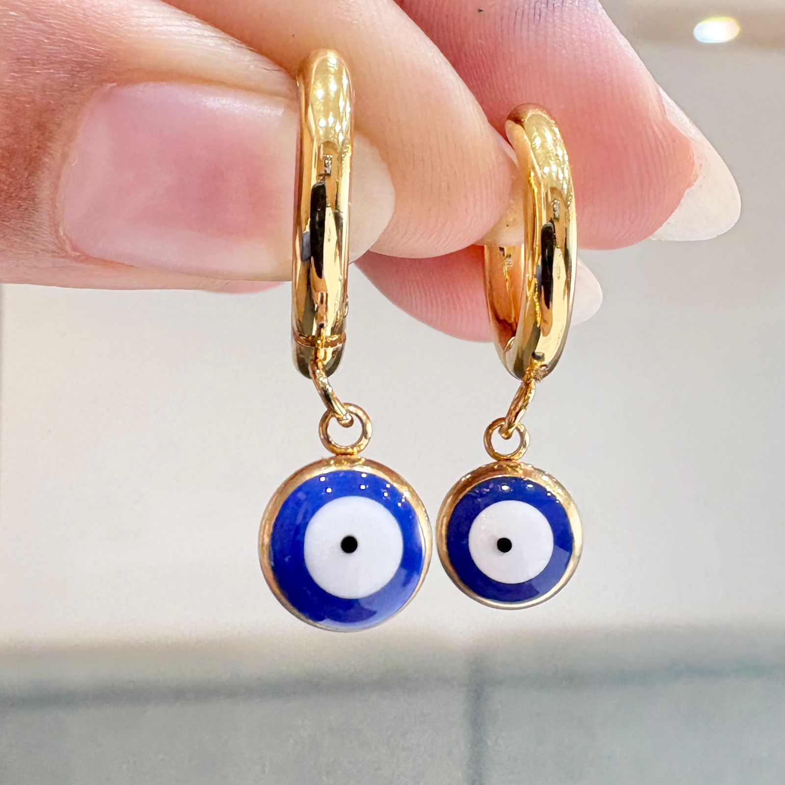 Evil Eye Drop Earrings, Gold Hoop Earrings with Blue Evil Eye Charm – Anti Tarnish, Hypoallergenic Dangle Earrings for Women, Protective Jewelry Gift